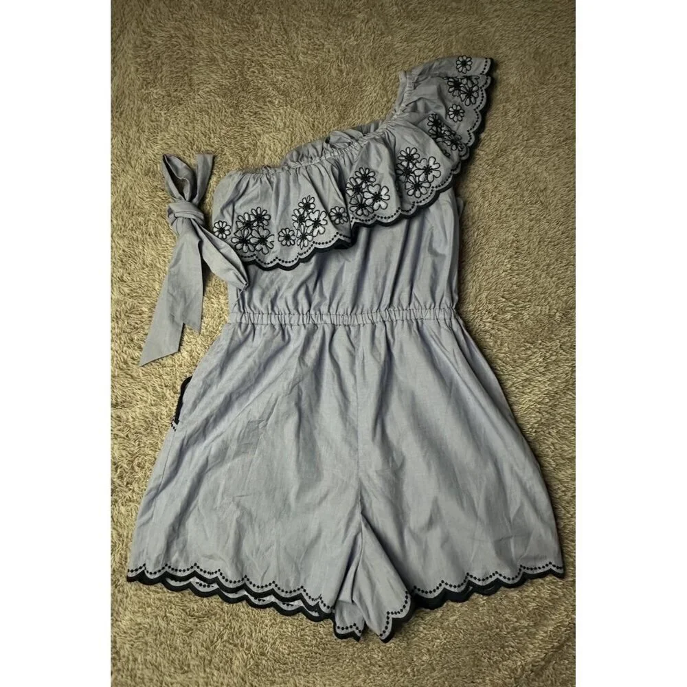 KATE SPADE NY Daisy Embroidered One-Shoulder Romper Blue MSRP $298 Size 8 New